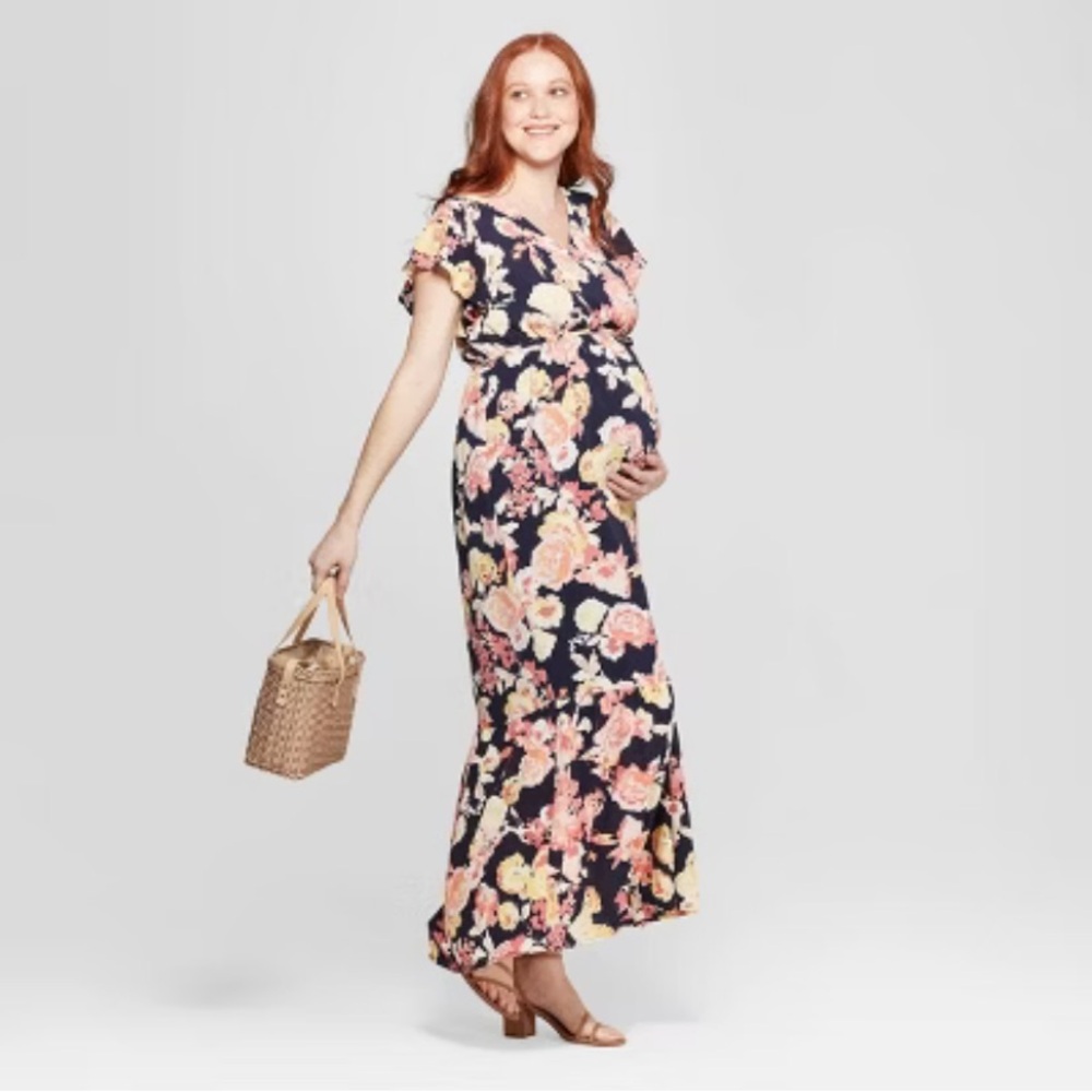 Isabel Maternity Navy Pink Floral Maxi Dress